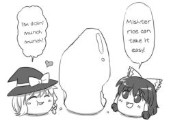 2girls :d black_hair black_hat blush bow braid closed_eyes crumbs eating english english_text food gaman-aki hakurei_reimu hat heart kirisame_marisa looking_to_the_side lowres medium_hair monochrome open_mouth rice talking touhou translated white_bow witch_hat yukkuri_shiteitte_ne