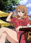  1girl absurdres brown_eyes brown_hair clouds drink golden_time highres jewelry kaga_kouko legs long_hair official_art open_mouth parasol ring sky umbrella very_long_hair watch 