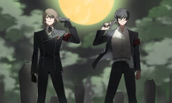  2boys akechi_gorou amamiya_ren arm_at_side armband black-framed_eyewear black_gloves black_hair black_jacket black_pants blurry blurry_background brown_eyes brown_hair clouds cloudy_sky coffin commentary_request dress_shirt evoker full_moon gekkoukan_high_school_uniform glasses gloves green_ribbon green_sky grey_eyes gun gun_to_head hair_between_eyes holding holding_gun holding_weapon jacket long_sleeves looking_at_viewer male_focus moon multiple_boys open_clothes open_jacket outdoors pants parted_lips persona persona_3 persona_5 red_armband ribbon s.e.e.s school_uniform shirt short_hair sky smile standing talliuma weapon white_shirt 