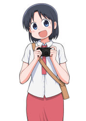  1girl absurdres black_hair blue_eyes blush brown_bag buttons camera city_(arawi_keiichi) collared_shirt digital_camera dokadayo highres holding holding_camera izumi_wako looking_at_viewer necktie open_mouth red_necktie red_skirt shirt short_hair short_sleeves simple_background skirt smile solo white_background white_shirt 