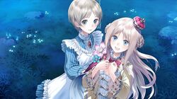  2girls atelier_(series) atelier_meruru blonde_hair blue_eyes bow braid brown_hair cape crown flower gem hair_bow half_updo kaena_swaya kishida_mel long_hair merurulince_rede_arls multiple_girls night official_art pinstripe_pattern short_hair smile 