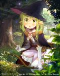  1girl arrow blush bow_(weapon) cape choker elbow_gloves forest gloves green_eyes green_hair hat hatihamu log nature open_mouth pointy_ears quiver solo tenkuu_no_crystalia thigh-highs tree weapon white_gloves white_legwear witch_hat 