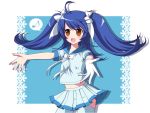  1girl blue_hair blush bow brown_eyes hair_bow long_hair midriff musical_note open_mouth original outstretched_arms skirt smile solo syno thigh-highs twintails very_long_hair 