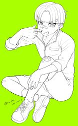  1boy bandage_on_knee bandaid bandaid_on_face bandaid_on_finger bandaid_on_hand bandaid_on_knee bandaid_on_leg bandaid_on_nose collarbone commentary green_background highres jacket knee_up konohainumaro lineart looking_at_viewer male_focus maruko_gaku monochrome mouth_pull partially_unzipped shoes short_hair shorts sitting socks solo teeth the_hundred_line_-last_defense_academy- track_jacket twitter_username uneven_eyes unfinished 