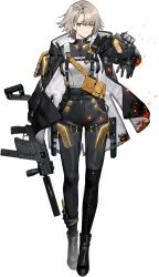  1girl black_boots black_gloves black_jacket black_pants black_shirt blush boots brown_hair bulletproof_vest burnt_clothes closed_mouth commentary_request girls'_frontline_2:_exilium girls_frontline gloves gun hair_ornament hairpin highres holding holding_gun holding_weapon hood hooded_jacket jacket looking_at_viewer official_art open_clothes open_jacket pants shirt short_hair simple_background solo two-sided_fabric two-sided_jacket two-tone_gloves vector_(girls'_frontline) vector_(girls'_frontline_2) vest weapon white_background white_vest yellow_eyes yellow_gloves 
