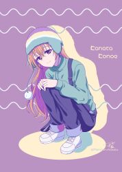  1girl beanie brown_hair character_name closed_mouth commentary_request drop_shadow earflap_beanie green_sweater hair_between_eyes hat highres konoe_kanata long_hair long_sleeves looking_at_viewer love_live! love_live!_nijigasaki_high_school_idol_club pants pom_pom_(clothes) pom_pom_beanie purple_background ric._(marchen_mozuku) shoes signature smile sneakers solo squatting sweater twitter_username violet_eyes white_shoes 