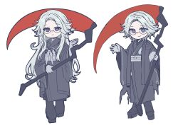  1boy 1girl aotsuki_eito armband black_boots black_haori black_kimono boots commentary deformed dual_persona english_commentary eyeliner farewellomo genderswap genderswap_(mtf) geta glasses gloves grey_hair haori highres holding holding_scythe holding_weapon invisible_floor japanese_clothes kimono last_defense_academy_school_uniform long_hair looking_at_viewer makeup neckerchief red_eyeliner school_uniform scythe short_hair simple_background smile standing the_hundred_line_-last_defense_academy- violet_eyes weapon white_armband white_background white_gloves white_neckerchief 