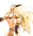  1girl amazon_(dragon&#039;s_crown) armlet armor bikini_armor blonde_hair blue_eyes breasts circlet cleavage clown0248 collarbone dragon&#039;s_crown feathers gloves large_breasts long_hair looking_up muscle navel profile simple_background solo standing thick_thighs thighs weapon white_background 