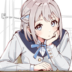  1girl :o arm_on_table blue_eyes blue_ribbon blush braid collared_shirt commentary elbow_on_table gakuen_idolmaster grey_hair hair_ribbon half_up_braid hatsuboshi_gakuen_school_uniform head_rest idolmaster jacket katsuragi_lilja long_sleeves looking_at_viewer neck_ribbon parted_lips ribbon ribbon_braid school_uniform shirt short_hair sidelocks skt_(ryxxxxx) solo white_jacket white_shirt 