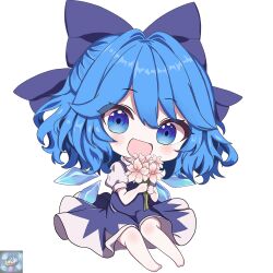  1girl absurdres bare_arms bare_legs barefoot blue_bow blue_dress blue_eyes blue_hair bouquet bow chibi chibi_only cirno commentary detached_wings dress fairy full_body hair_bow hair_intakes highres holding holding_bouquet ice ice_wings liefeng_dm looking_at_viewer multiple_wings puffy_short_sleeves puffy_sleeves shirt short_sleeves simple_background solo touhou white_background white_shirt wings 