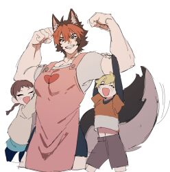  1girl 2boys animal_ear_fluff animal_ears biceps black_hair black_shorts blonde_hair blue_skirt blush braid braided_ponytail brown_hair brown_shorts child clenched_hand closed_eyes collarbone commentary_request dog_boy dog_ears ear_piercing hair_between_eyes hanging_on_arm heart heart_print highres komano_manato multicolored_hair multicolored_shirt multiple_boys multiple_scars muscular muscular_male navel open_mouth pectorals piercing red_eyes red_hair scar scar_across_eye scar_on_face shirt short_hair shorts simple_background skirt smile smock teeth tetsu_(teppei) white_background white_shirt zenless_zone_zero 