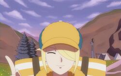  1boy animated animated_gif blue_sky closed_eyes ginkgo_guild_uniform hair_over_one_eye index_finger_raised junebird24 male_focus outdoors pine_tree pokemon pokemon_(anime) pokemon_dppt_(anime) pokemon_legends:_arceus scene_reference sky solo tent tree tumblr_username volo_(pokemon) 