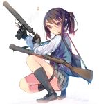  1girl bag blue_eyes blush brown_hair daito de_lisle_carbine ejection fingerless_gloves glasses gloves gun hair_ornament hairclip headset long_hair original rifle school_bag school_uniform shell_casing short_hair skirt solo squatting suppressor trigger_discipline weapon welrod 