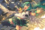  1girl aki_(akisora_hiyori) bracelet clouds feathers green_eyes green_hair halo hatsune_miku headphones highres jewelry open_mouth outstretched_arms school_uniform serafuku skirt sky solo spread_arms thighhighs twintails vocaloid wings 