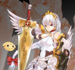  1girl bare_shoulders blush braid breasts elbow_gloves gloves hair_ornament long_hair melsy puzzle_&amp;_dragons red_eyes silver_hair solo sword valkyrie valkyrie_(p&amp;d) very_long_hair weapon wings 