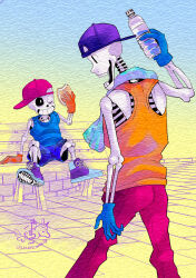  2020 2boys 2d alternate_costume arm_support artist_logo artist_name backwards_hat baseball_cap bench blue_background blue_gloves blue_shorts blue_tank_top bottle brothers cross-laced_shoes digital_media drink duo faux_traditional_media food food_request gloves gradient_background hat height_difference holding holding_bottle holding_drink holding_food humanoid ikkakutenma male male_focus male_only monster monster_boy multiple_boys on_bench one_eye_closed orange_gloves orange_tank_top pants papyrus_(undertale) purple_hat purple_shoes red_hat red_pants sans_(undertale) shorts siblings simple_background sitting skeleton sneakers spread_legs tank_top teeth towel towel_around_neck undead undertale utdr_(toby_fox) water_bottle yellow_background 