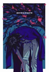  1boy absurdres bent_over black_hair blue_background blue_theme border branch danganronpa_(series) danganronpa_v3:_killing_harmony english_commentary english_text ff9900 flipped_hair hands_on_own_knees highres jacket jacket_on_shoulders male_focus no_scarf oma_kokichi pants short_hair solo standing thigh_strap tree white_border white_pants 