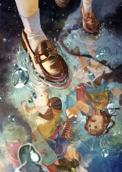  2girls absurdres backpack bag belt black_hair blue_shirt blue_umbrella bow brown_shoes charm_(object) child commentary_request crime_prevention_buzzer different_reflection from_below grabbing_another&#039;s_arm grin hair_bobbles hair_bow hair_ornament highres holding holding_umbrella komori_shiwasu layered_sleeves leggings leggings_under_shorts loafers long_sleeves looking_at_another multiple_girls open_mouth original pink_umbrella ponytail print_shirt puddle rain randoseru reflection reflection_focus ripples shirt shoes short_over_long_sleeves short_sleeves shorts smile socks standing star_(symbol) star_hair_ornament striped_leggings teeth two_side_up umbrella upper_teeth_only water water_drop yellow_shorts 