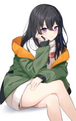  1girl absurdres black_hair blue_hair blush crossed_legs drawstring green_jacket hair_between_eyes head_rest highres hood hoodie ichinose_uruha ichinose_uruha_(2nd_costume) igayan jacket long_hair long_sleeves looking_at_viewer multicolored_hair simple_background sitting skirt smile solo streaked_hair violet_eyes virtual_youtuber vspo! white_background white_hoodie white_skirt 