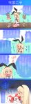  1girl 4koma anchor blonde_hair blush comic elbow_gloves gloves green_eyes hair_ornament highres innertube kantai_collection long_hair open_mouth oyatsu_(jzs_137) personification rensouhou-chan shimakaze_(kantai_collection) sparkle striped striped_legwear tears thighhighs translation_request white_gloves 