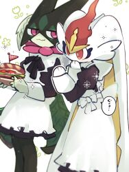 2girls absurdres animal_ears animal_hands apron black_bow black_bowtie black_dress black_fur bow bowtie braid bright_pupils burger cinderace clothed_pokemon dress food furry furry_female green_fur green_hair half-closed_eyes highres holding holding_plate juliet_sleeves long_sleeves looking_at_another maid_apron meowscarada multiple_girls pink_eyes plate pokemon pokemon_(creature) puffy_sleeves rabbit_ears red_eyes short_hair simple_background sstoh standing two-tone_fur upper_body white_apron white_bow white_fur white_pupils yellow_fur 
