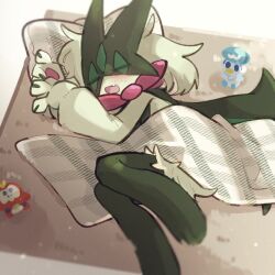  1other :o animal_hands blanket carpet character_doll closed_eyes doll fang fuecoco full_body furry green_fur green_hair highres looking_at_viewer lying meowscarada on_side open_mouth other_focus pawpads pokemon pokemon_(creature) quaxly short_hair short_tail simple_background skin_fang sleeping solo sstoh tail two-tone_fur white_background 