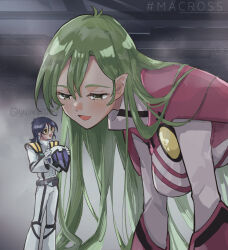  1boy 1girl alien belt blue_hair blurry blurry_background blush breasts feet_out_of_frame giant giantess glasses gloves green_hair helmet highres holding holding_unworn_helmet large_breasts long_hair looking_at_another maclone macross macross:_do_you_remember_love? maximilian_jenius mecha_pilot_suit meltrandi millia_jenius open_mouth pointy_ears science_fiction size_difference spacesuit standing twitter_username unworn_headwear unworn_helmet white_gloves yumekijiiro zentradi 