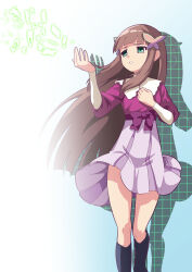  1girl absurdres blunt_bangs bow brown_hair butterfly_hair_ornament green_eyes hair_ornament high-waist_skirt highres iris.exe_(mega_man) kazu_(sp225ns9) long_hair looking_to_the_side mega_man_(series) mega_man_battle_network_(series) mega_man_battle_network_6 open_mouth purple_bow purple_shirt purple_skirt shadow shirt skirt solo very_long_hair 