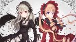  2girls blonde_hair blue_eyes bonnet bow capelet dress drill_hair feathers flower hairband lolita_fashion long_hair multiple_girls nikkunemu petals red_eyes rose rozen_maiden shinku silver_hair suigintou twintails wings 