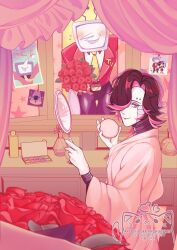  2boys ant_tenna belt_buckle black_hair black_pants blush bottle bouquet buckle clothed_robot collared_shirt colored_inner_hair commentary crt curtains deltarune english_commentary flower flying_sweatdrops gloves highres holding holding_mirror humanoid_robot indoors makeup_palette male_focus mechanical_arms mettaton mettaton_ex mirror multicolored_hair multiple_boys necktie object_head orrinmorgentau pants perfume_bottle photo_(object) pink_eyes pointy_nose radio_antenna red_flower red_rose robe robot rose shirt short_hair smile tailcoat twitter_username two-tone_hair undertale utdr_(toby_fox) white_gloves white_robe white_shirt yellow_necktie 