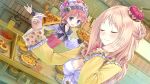  2girls atelier_(series) atelier_meruru blonde_hair blue_eyes braid brown_hair closed_eyes crown dutch_angle eating food food_on_face fruit half_updo hand_on_own_cheek hat highres kishida_mel long_hair merurulince_rede_arls multiple_girls official_art pie rororina_fryxell short_hair smile 