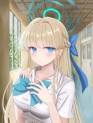  a_ekoa absurdres aqua_bow aqua_bowtie blonde_hair blue_archive blue_bow blue_eyes blue_hair blue_halo blue_ribbon blunt_bangs blush bow bowtie braid breasts closed_mouth collarbone collared_shirt commentary day dress_shirt furrowed_brow hair_bow hair_intakes hair_over_shoulder hair_ribbon half_up_braid halo hands_up highres huge_bow indoors large_breasts light_frown long_hair looking_at_viewer multicolored_hair nail_polish official_alternate_costume official_alternate_hairstyle pink_nails ribbon shirt straight_hair streaked_hair toki_(blue_archive) toki_(school_uniform)_(blue_archive) upper_body very_long_hair white_shirt window 