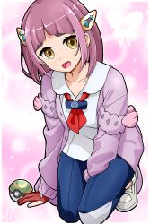  1girl :d absurdres arched_back ascot blue_pants blueberry_academy_school_uniform breasts coat full_body gloves hair_ornament highres kneeling lacey_(pokemon) looking_at_viewer medium_hair nest_ball pants pink_background pink_coat pink_hair poke_ball pokemon pokemon_sv red_ascot red_gloves remone school_uniform shirt shoes smile solo thick_eyebrows white_shirt white_shoes yellow_eyes 