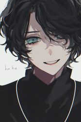 1boy absurdres aqua_eyes bishounen black_hair black_shirt goth_fashion highres jewelry kagero_(kamen_rider_revice) kamen_rider kamen_rider_revice laughing limited_palette looking_at_viewer male_focus necklace shade shaded_face shirt upper_body vistamp white_background yureireissu