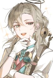  1boy :d absurdres blonde_hair blue_necktie blue_vest bruise bruised_eye earrings fang gloves hair_between_eyes half_updo highres identity_v injury jacket jewelry looking_at_viewer luca_balsa luca_balsa_(paranormal_detective) male_focus masshurmu39 necktie one_eye_closed ponytail popped_collar short_ponytail single_earring single_hair_intake smile vest white_gloves white_jacket 