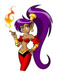  1girl arabian_clothes bandeau blue_eyes bracer cropped_legs dark_skin detached_sleeves earrings eyelashes fire hair_tubes hand_on_hip highres hoop_earrings jewelry long_hair magic midriff navel official_art pointy_ears ponytail purple_hair shantae shantae_(character) slender_waist small_breasts smile solo very_long_hair 