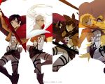  :q black_hair blake_belladonna blonde_hair boots bow cape cosplay gauntlets gloves hair_bow hakuku jacket kama_(weapon) long_hair ponytail rapier redhead ruby_rose rwby scar scythe shingeki_no_kyojin short_hair sickle sword thigh_strap three-dimensional_maneuver_gear tongue uniform violet_eyes watermark weapon web_address weiss_schnee white_background white_hair yang_xiao_long yellow_eyes 