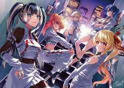  5girls ahoge asymmetrical_clothes beamed_eighth_notes black_hair blonde_hair blue_eyes blue_hair blunt_bangs bodystocking breasts buru-dai clothing_cutout commentary_request covered_navel crossed_arms detached_sleeves dutch_angle eighth_note fishnet_socks fishnets gradient_hair hair_ornament hat hiodoshi_ao hiodoshi_ao_(regloss_uniform) hololive hololive_dev_is ichijou_ririka juufuutei_raden juufuutei_raden_(regloss_uniform) long_hair medium_breasts midriff multicolored_hair multiple_girls musical_note musical_note_hair_ornament navel night night_sky official_alternate_costume orange_hair otonose_kanade otonose_kanade_(regloss_uniform) pants ponytail poster_(object) purple_hair red_eyes red_hair regloss_(hololive) shoes short_hair short_shorts shorts shoulder_cutout sidelocks signature single_pantsleg sitting sky sleeves_past_wrists smile socks stairs star_(sky) streaked_hair todoroki_hajime todoroki_hajime_(regloss_uniform) twintails two-tone_hair two_side_up virtual_youtuber white_background white_hat white_pants white_shoes 