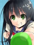  1girl black_hair blurry candy depth_of_field flower green_eyes grin hair_flower hair_ornament kawakami_masaki lollipop long_hair pov saten_ruiko school_uniform serafuku smile to_aru_kagaku_no_railgun to_aru_majutsu_no_index 