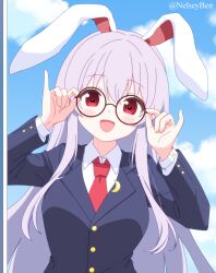  1girl animal_ears bespectacled black_jacket blue_sky blush bnelsey breasts clouds collared_shirt commentary crescent crescent_pin day english_commentary glasses jacket long_hair long_sleeves looking_at_viewer necktie open_mouth purple_hair rabbit_ears rabbit_girl red_eyes red_necktie reisen_udongein_inaba round_eyewear shirt sky smile solo touhou twitter_username very_long_hair white_shirt 