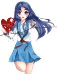  1girl asakura_ryouko blue_eyes blue_hair heart knife kujovhonoka long_hair ribbon school_uniform smile solo suzumiya_haruhi_no_yuuutsu 