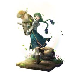  1girl ankle_boots armor artist_request backpack bag black_ribbon blue_flower blush boots braid braided_ponytail breastplate breasts brown_boots brown_gloves dirt_road eyelashes falling_leaves falling_object floating_hair flower from_side full_body game_cg gloves grass green_eyes green_hair green_tunic hair_ribbon high_heel_boots high_heels holding leaf light_particles long_hair long_sleeves looking_at_viewer low_twin_braids multiple_braids official_art open_mouth outdoors pants pauldrons pink_flower potion purple_flower raised_eyebrows ribbon rishia_ivyred road sack shirt shoulder_armor side_slit simple_background sleeping_bag sleeveless_tunic small_breasts solo standing standing_on_one_leg sunlight tachi-e tate_no_yuusha_no_nariagari tate_no_yuusha_no_nariagari_rerise teeth tongue transparent_background tunic turtleneck_tunic twin_braids white_pants white_shirt yellow_flower 