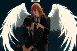  2boys angel_devil_(chainsaw_man) angel_wings black_hair black_necktie blood blood_on_clothes blood_on_face bruise bruise_on_face bul_jelly chainsaw_man closed_mouth collared_shirt hair_between_eyes halo hand_on_another's_shoulder hayakawa_aki injury jacket long_hair male_focus multiple_boys necktie open_clothes open_jacket shirt short_hair standing suit suit_jacket topknot traditional_halo white_shirt white_wings wings 