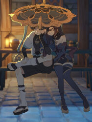  1boy 1girl armor asymmetrical_bangs bare_shoulders bench black_bodysuit black_bridal_gauntlets black_choker black_hair black_sandals black_shorts blue_cape blue_gemstone blue_hat blue_kimono blue_leotard blue_sleeves blue_thighhighs blunt_bangs blunt_ends blurry blurry_background bodystocking bodysuit breasts bridal_gauntlets bridal_legwear cape chair choker clenched_hand closed_eyes closed_mouth collarbone crotch earrings elbow_on_knee eyelashes facing_another feathers fur_collar game_screenshot_background gem genshin_impact gold gold_ring gold_shoes gold_trim grey_eyes hair_between_eyes hand_on_own_face hand_on_own_leg hat head_on_another&#039;s_shoulder hetero high_heels highres japanese_armor japanese_clothes jewelry jingasa juban kimono kote kurokote lamp layered_sleeves leg_over_thigh leg_warmers leotard locked_arms long_hair looking_at_another medium_breasts middle_ring mona_(genshin_impact) mona_(pact_of_stars_and_moon)_(genshin_impact) mondstadt_city open_clothes open_kimono outdoors parted_bangs pink_hair pom_pom_(clothes) ponytail_holder purple_rope rope sandals scaramouche_(genshin_impact) screenshot_background shared_hat shoes short_sleeves shorts shoulder_peek sidelocks sitting smile star_(symbol) star_earrings star_pendant star_print stirrup_legwear stone_floor table tankard thigh-highs tile_floor tiles toeless_legwear toenails twintails vision_(genshin_impact) wanderer_(genshin_impact) white_kimono white_leg_warmers white_sleeves window wispy_bangs wooden_chair wooden_table yellow_feathers ysnden zouri 