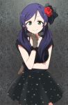  1girl black_dress bow breasts dress finger_to_chin flower gloves green_eyes hair_flower hair_ornament hair_ribbon index_finger_raised kidachi lace lace_gloves long_hair love_live!_school_idol_project purple_hair ribbon smile solo sparkle toujou_nozomi twintails 