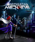  1girl alyssa_l&#039;salle bill_stiernberg boots cityscape coat cosmic_star_heroine english from_behind hair_ornament hat long_hair night official_art solo space standing tagme weapon wristband 