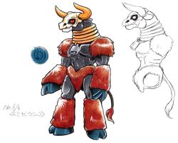  1boy abs animal_ears animal_feet animal_hands bell black_skin body_fur bull character_name colored_skin commentary cow_ears cow_horns cow_tail cowbell from_side full_body furry furry_male hooves horns jewelry kokomahi male_focus mask mayoushi minotaur monster monster_focus multiple_views muscular muscular_male neck_bell neck_ring official_art red_eyes red_fur reference_sheet samurai_evolution_oukoku_geist simple_background skull skull_mask solo standing tail white_background 