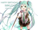  1girl 2013 character_name dated detached_sleeves green_eyes green_hair happy_birthday hatsune_miku highres long_hair microphone microphone_stand necktie omui open_mouth skirt solo thigh-highs twintails very_long_hair vocaloid 