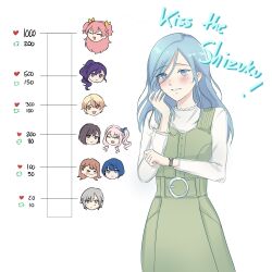  &gt;_&lt; 1boy 1other 6+girls absurdres akiyama_mizuki blue_eyes blue_hair blush brown_eyes brown_hair commentary dress english_commentary green_dress green_eyes grey_hair hanasato_minori highres hinomori_shiho hinomori_shizuku kiritani_haruka kiss_meter_(meme) long_hair long_sleeves meme momoi_airi multiple_girls orange_eyes orange_hair parted_lips pink_hair project_sekai purple_hair shinonome_ena shirt shizusawas short_hair side_ponytail smile tenma_tsukasa two_side_up violet_eyes watch watch white_shirt 