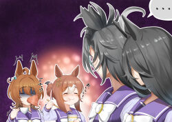  ... 4girls :t agnes_tachyon_(umamusume) ahoge air_shakur_(umamusume) black_hair blush bow bowtie brown_hair chemical_structure closed_eyes cup ear_ornament earrings eating fine_motion_(umamusume) flower grey_hair hair_between_eyes hair_bun hair_flower hair_ornament hair_ribbon highres holding holding_cup jewelry long_bangs long_hair_between_eyes looking_at_another manhattan_cafe_(umamusume) motusii multicolored_hair multiple_girls purple_sailor_collar purple_shirt ramen red_flower red_ribbon ribbon sailor_collar school_uniform shirt single_earring single_hair_bun speech_bubble spit_take spitting spoken_ellipsis tracen_school_uniform turn_pale two-tone_ribbon umamusume white_bow white_bowtie white_hair white_ribbon 